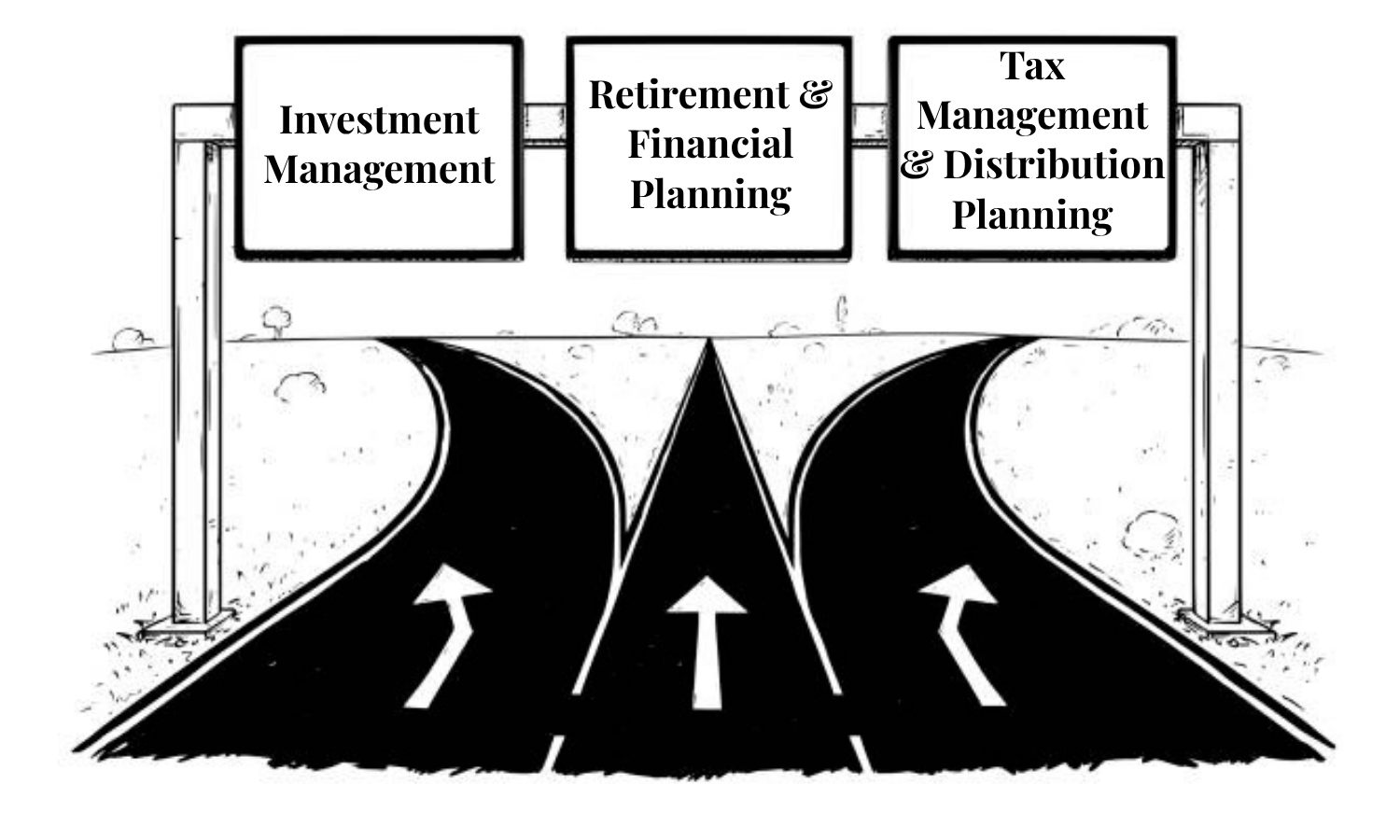 Three lanes of financial planning: Investment Management, Retirement & Financial Planning, and Tax Management & Distribution Planning